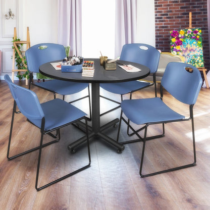48 in. Round Breakroom Table- Grey, 4 Zeng Stack Chairs- Blue