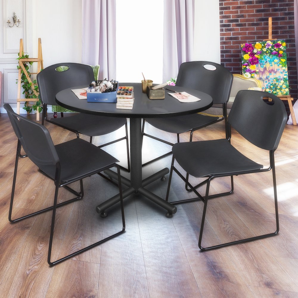 48 in. Round Breakroom Table- Grey, 4 Zeng Stack Chairs- Black