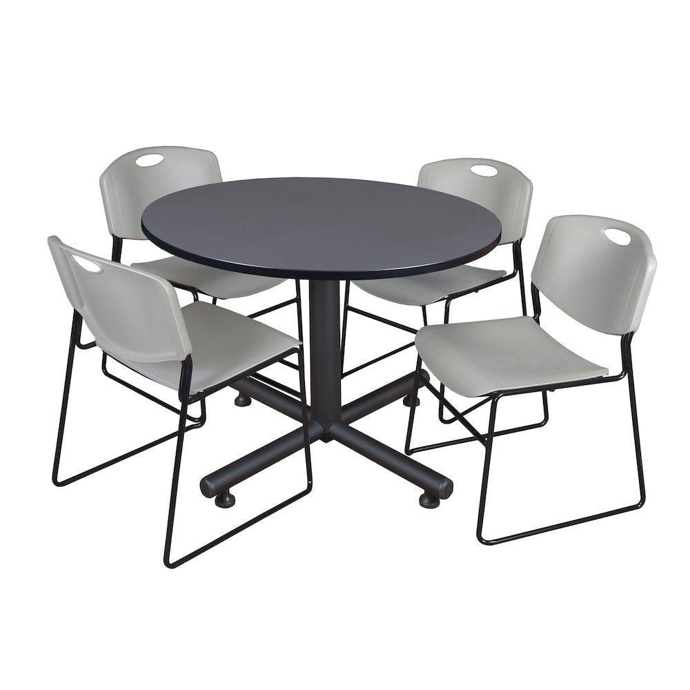 48 in. Round Breakroom Table- Grey, 4 Zeng Stack Chairs- Grey