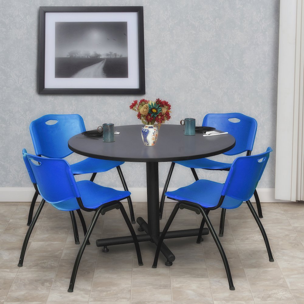 48 in. Round Breakroom Table- Grey, 4 M Stack Chairs- Blue