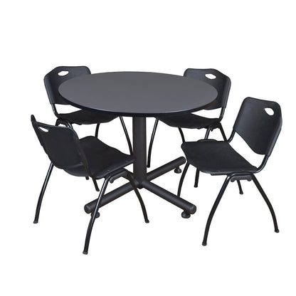 48 in. Round Breakroom Table- Grey, 4 M Stack Chairs- Black