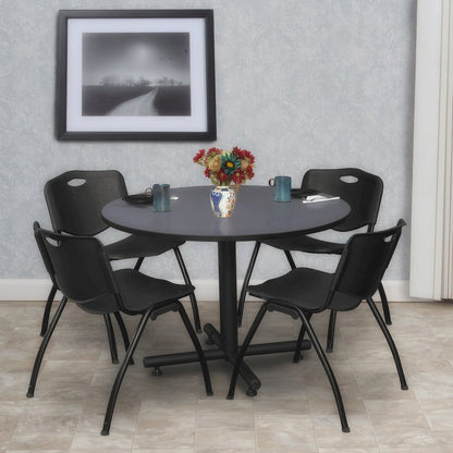 48 in. Round Breakroom Table- Grey, 4 M Stack Chairs- Black