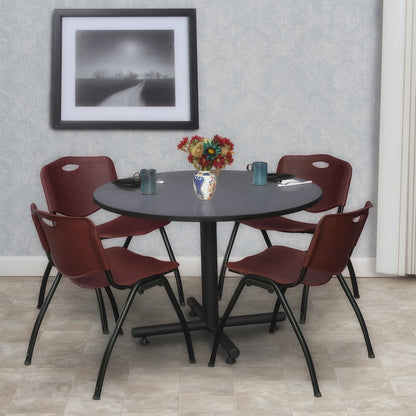48 in. Round Breakroom Table- Grey, 4 M Stack Chairs- Burgundy