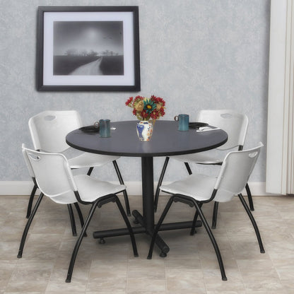 48 in. Round Breakroom Table- Grey, 4 M Stack Chairs- Grey