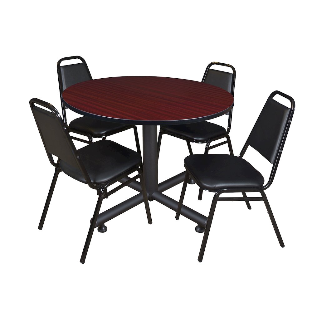 48 in. Round Breakroom Table- Mahogany, 4 Restaurant Stack Chairs- Black