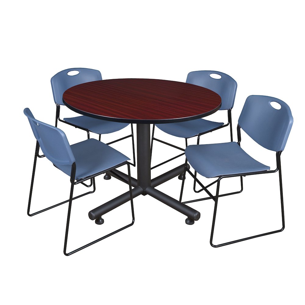 48 in. Round Breakroom Table- Mahogany, 4 Zeng Stack Chairs- Blue