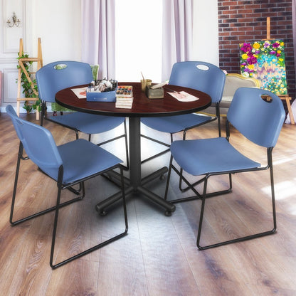 48 in. Round Breakroom Table- Mahogany, 4 Zeng Stack Chairs- Blue