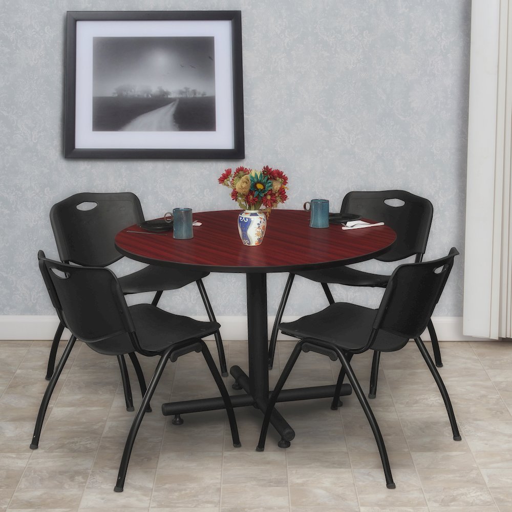 48 in. Round Breakroom Table- Mahogany, 4 M Stack Chairs- Black