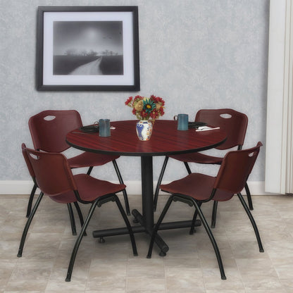 48 in. Round Breakroom Table- Mahogany, 4 M Stack Chairs- Burgundy