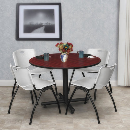 48 in. Round Breakroom Table- Mahogany, 4 M Stack Chairs- Grey