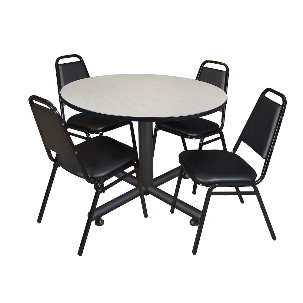 48 in. Round Breakroom Table- Maple, 4 Restaurant Stack Chairs- Black