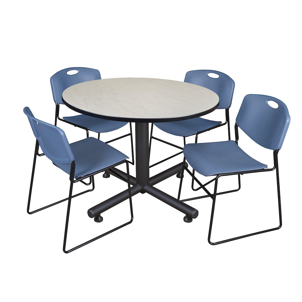 48 in. Round Breakroom Table- Maple, 4 Zeng Stack Chairs- Blue