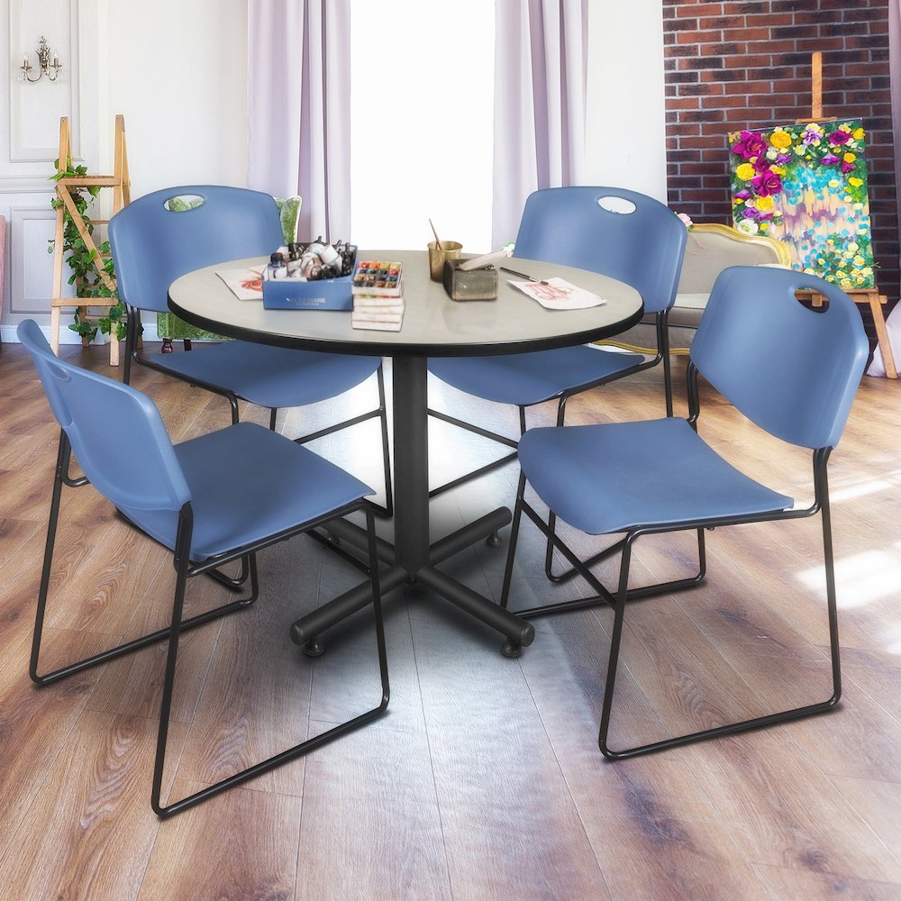 48 in. Round Breakroom Table- Maple, 4 Zeng Stack Chairs- Blue