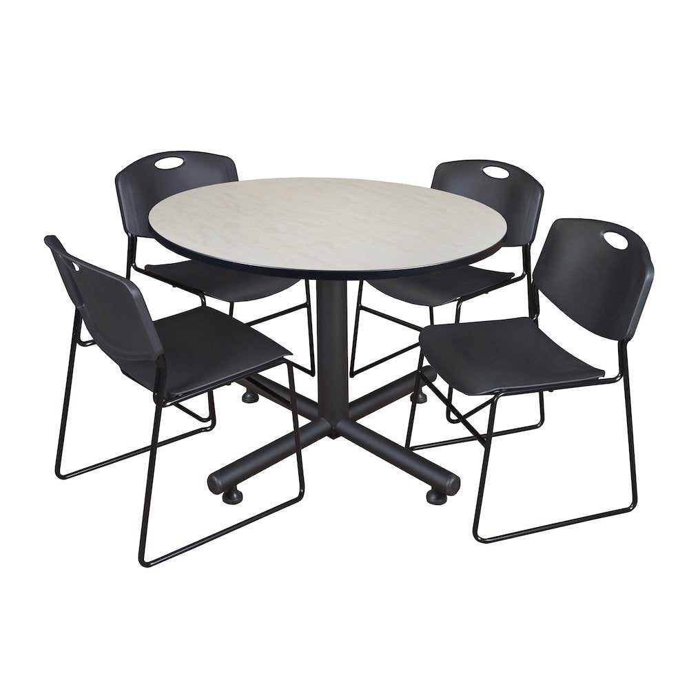 48 in. Round Breakroom Table- Maple, 4 Zeng Stack Chairs- Black