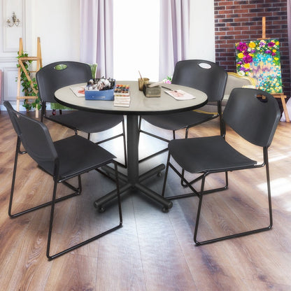48 in. Round Breakroom Table- Maple, 4 Zeng Stack Chairs- Black