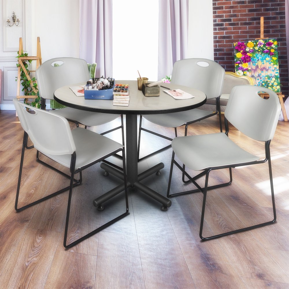 48 in. Round Breakroom Table- Maple, 4 Zeng Stack Chairs- Grey