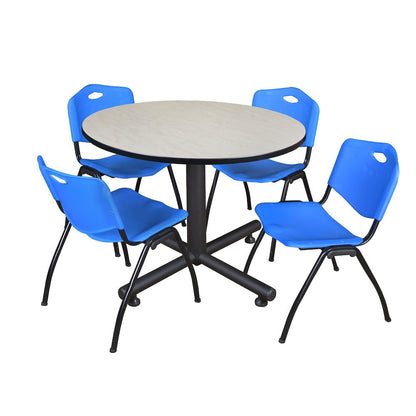 48 in. Round Breakroom Table- Maple, 4 M Stack Chairs- Blue