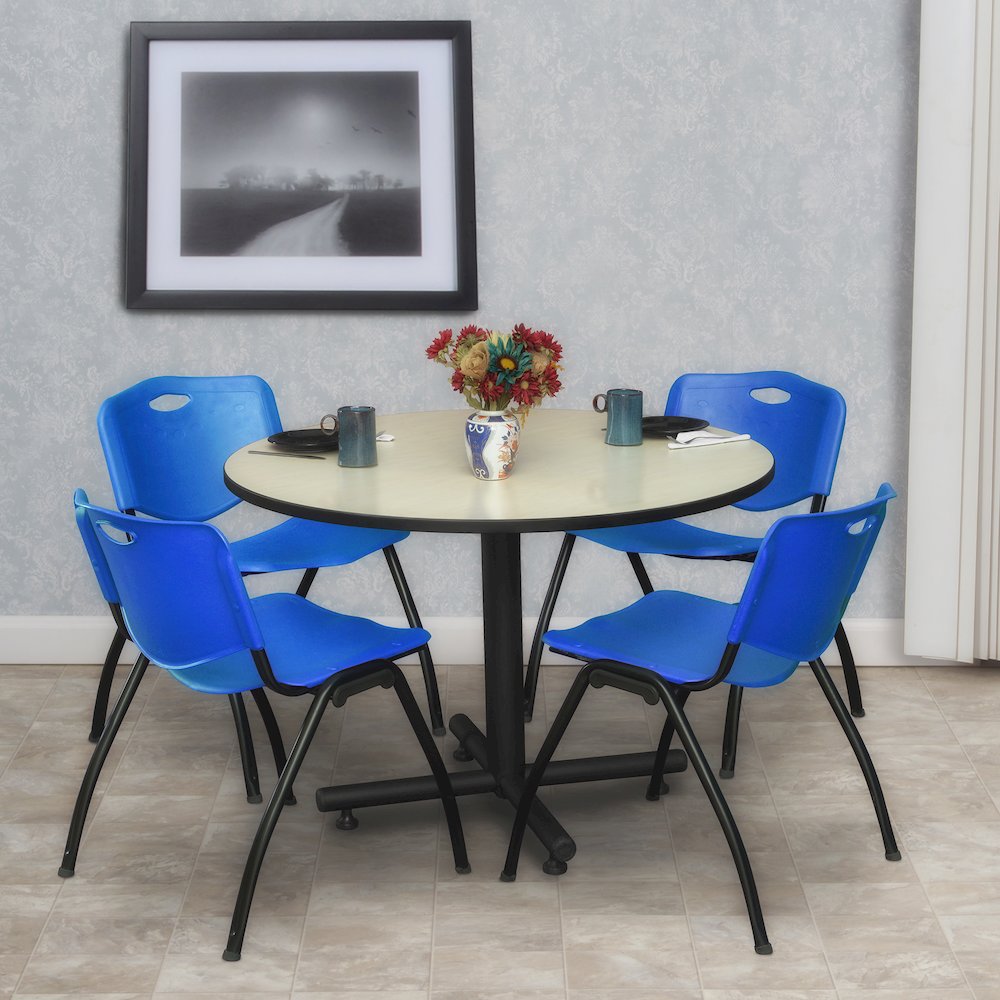 48 in. Round Breakroom Table- Maple, 4 M Stack Chairs- Blue