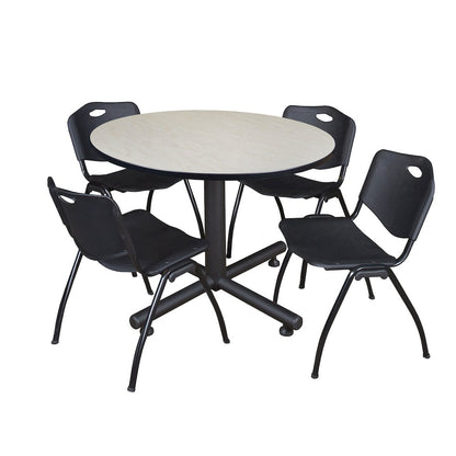 48 in. Round Breakroom Table- Maple, 4 M Stack Chairs- Black