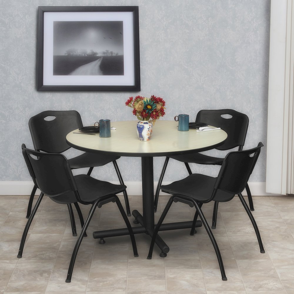48 in. Round Breakroom Table- Maple, 4 M Stack Chairs- Black