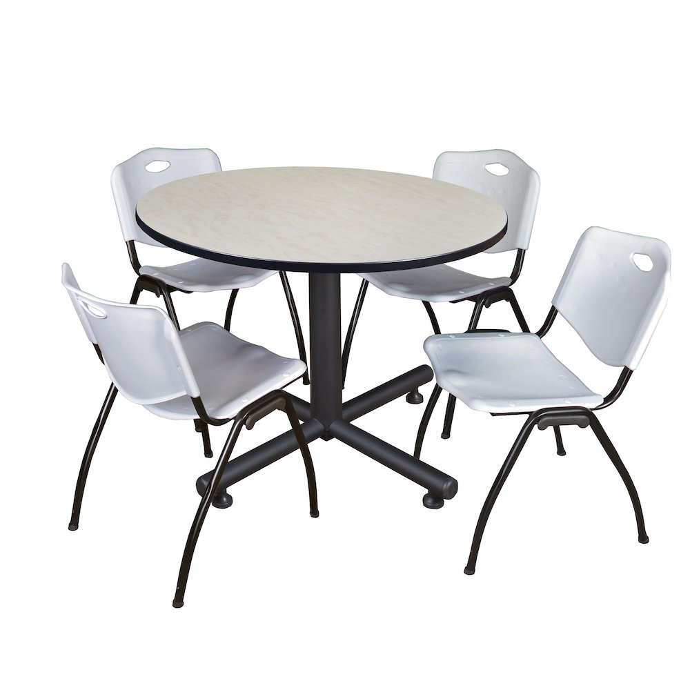48 in. Round Breakroom Table- Maple, 4 M Stack Chairs- Grey