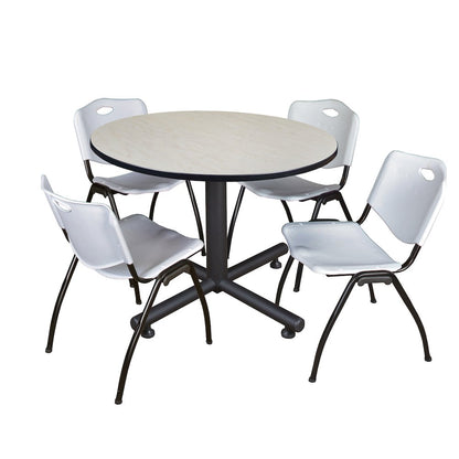48 in. Round Breakroom Table- Maple, 4 M Stack Chairs- Grey