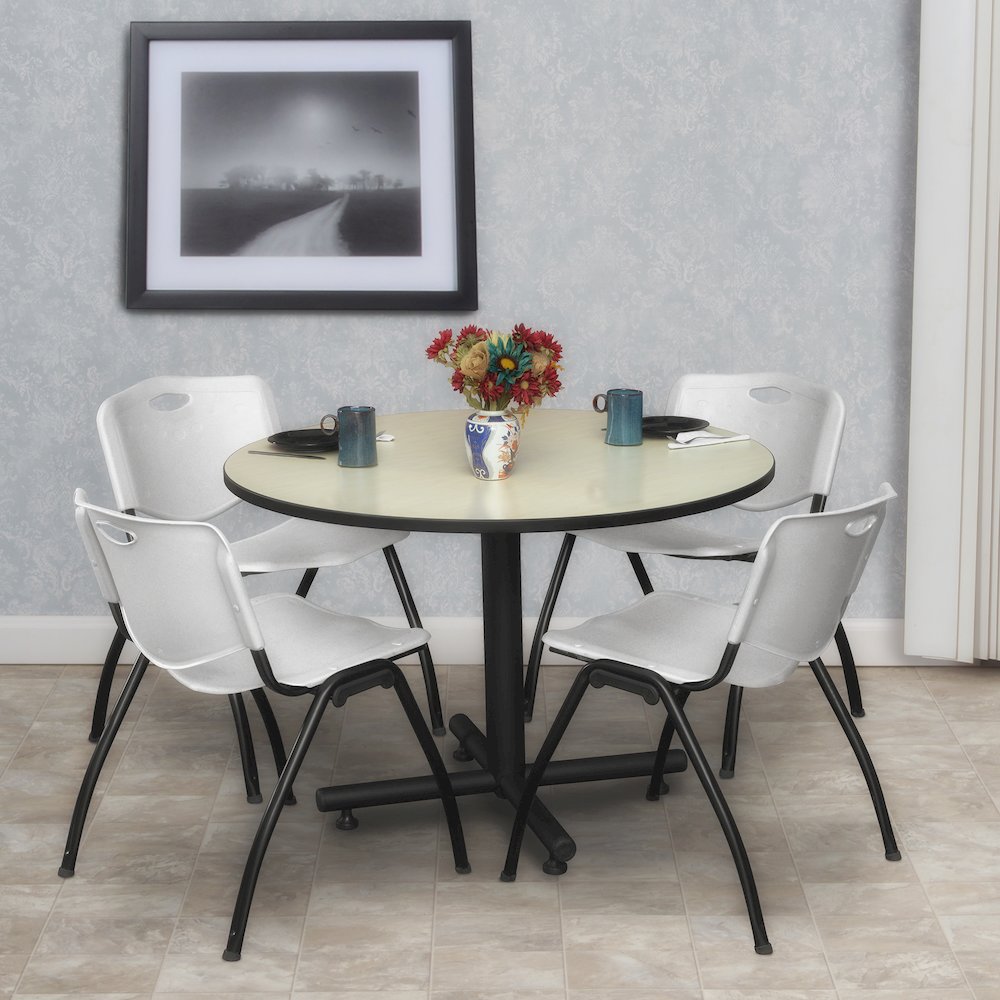 48 in. Round Breakroom Table- Maple, 4 M Stack Chairs- Grey