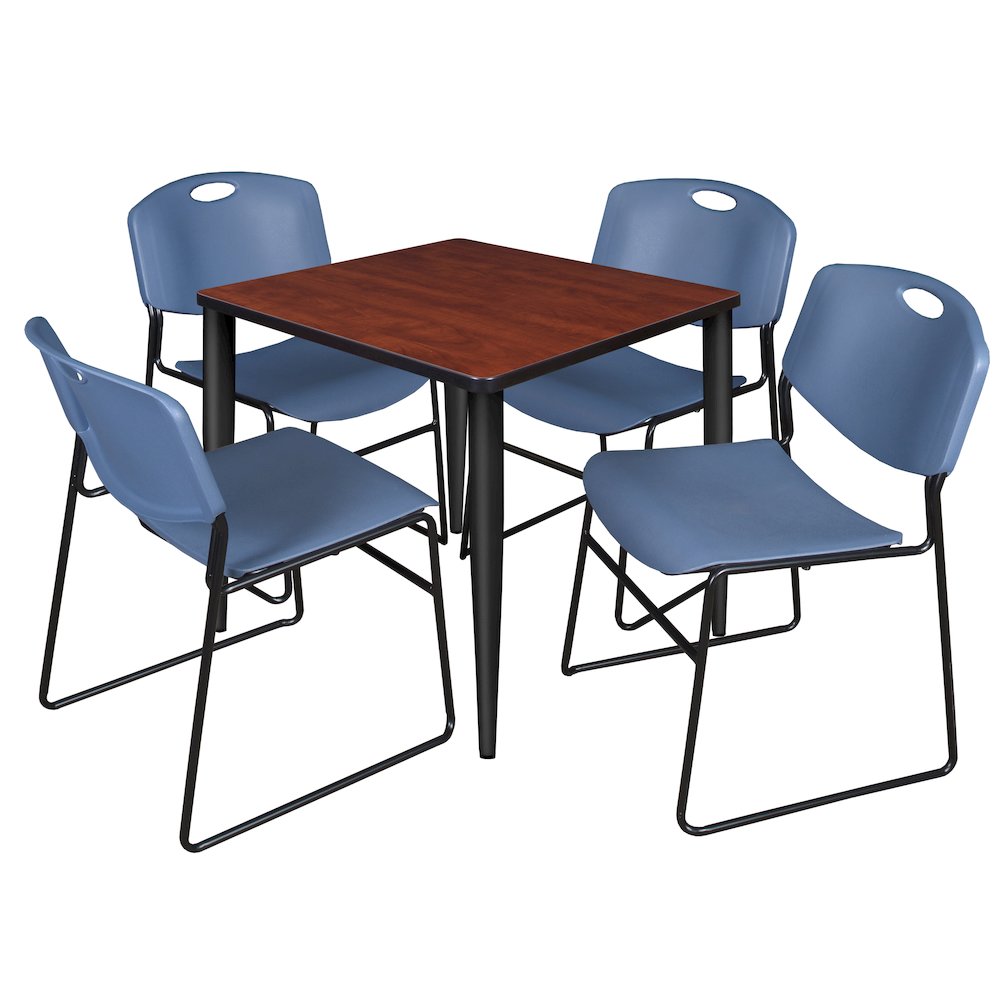 30 Square Breakroom Table- Cherry Top, Black Base & 4 Zeng Stack Chairs- Blue