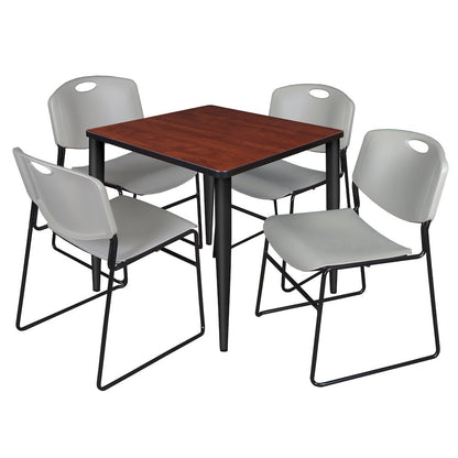 30 Square Breakroom Table- Cherry Top, Black Base & 4 Zeng Stack Chairs- Grey
