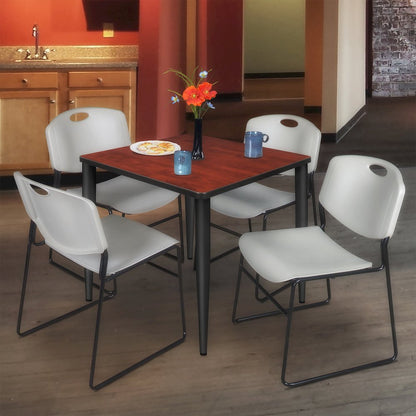 30 Square Breakroom Table- Cherry Top, Black Base & 4 Zeng Stack Chairs- Grey