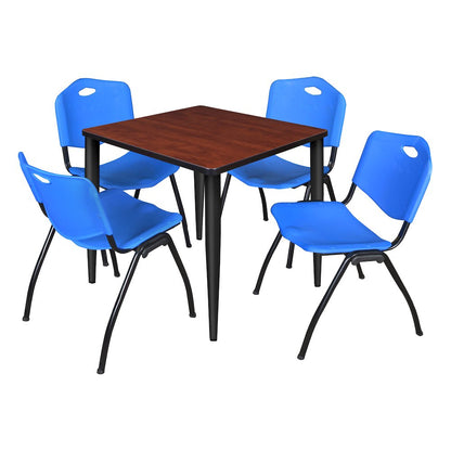 30 in. Square Breakroom Table- Cherry Top, Black Base & 4 M Stack Chairs- Blue