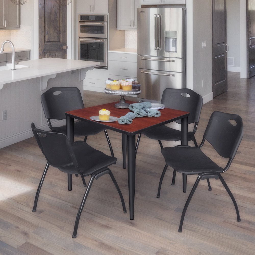 30 in. Square Breakroom Table- Cherry Top, Black Base & 4 M Stack Chairs- Black