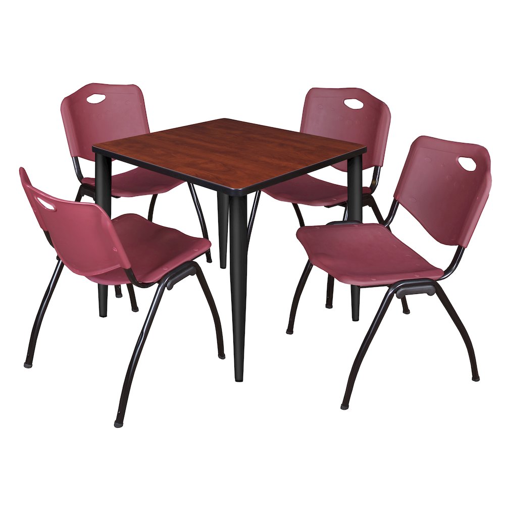 30 Square Breakroom Table- Cherry Top, Black Base & 4 M Stack Chairs- Burgundy