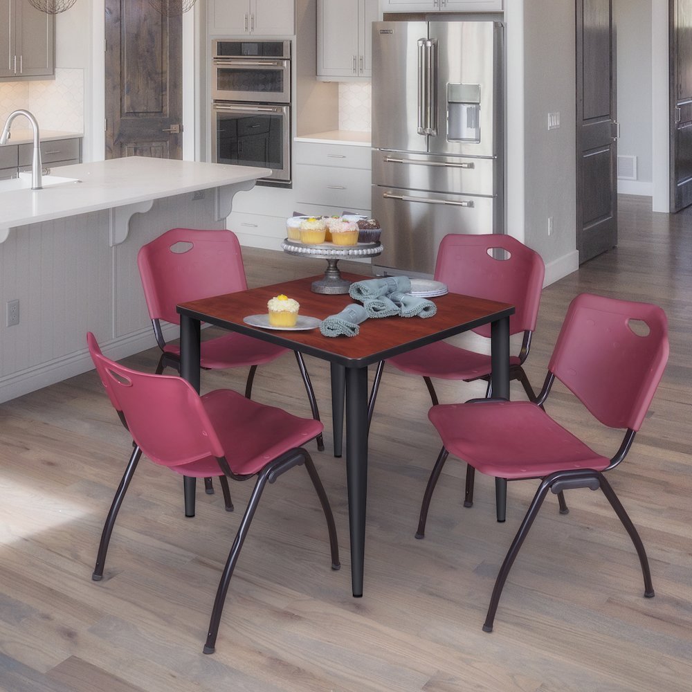 30 Square Breakroom Table- Cherry Top, Black Base & 4 M Stack Chairs- Burgundy