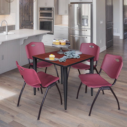 30 Square Breakroom Table- Cherry Top, Black Base & 4 M Stack Chairs- Burgundy