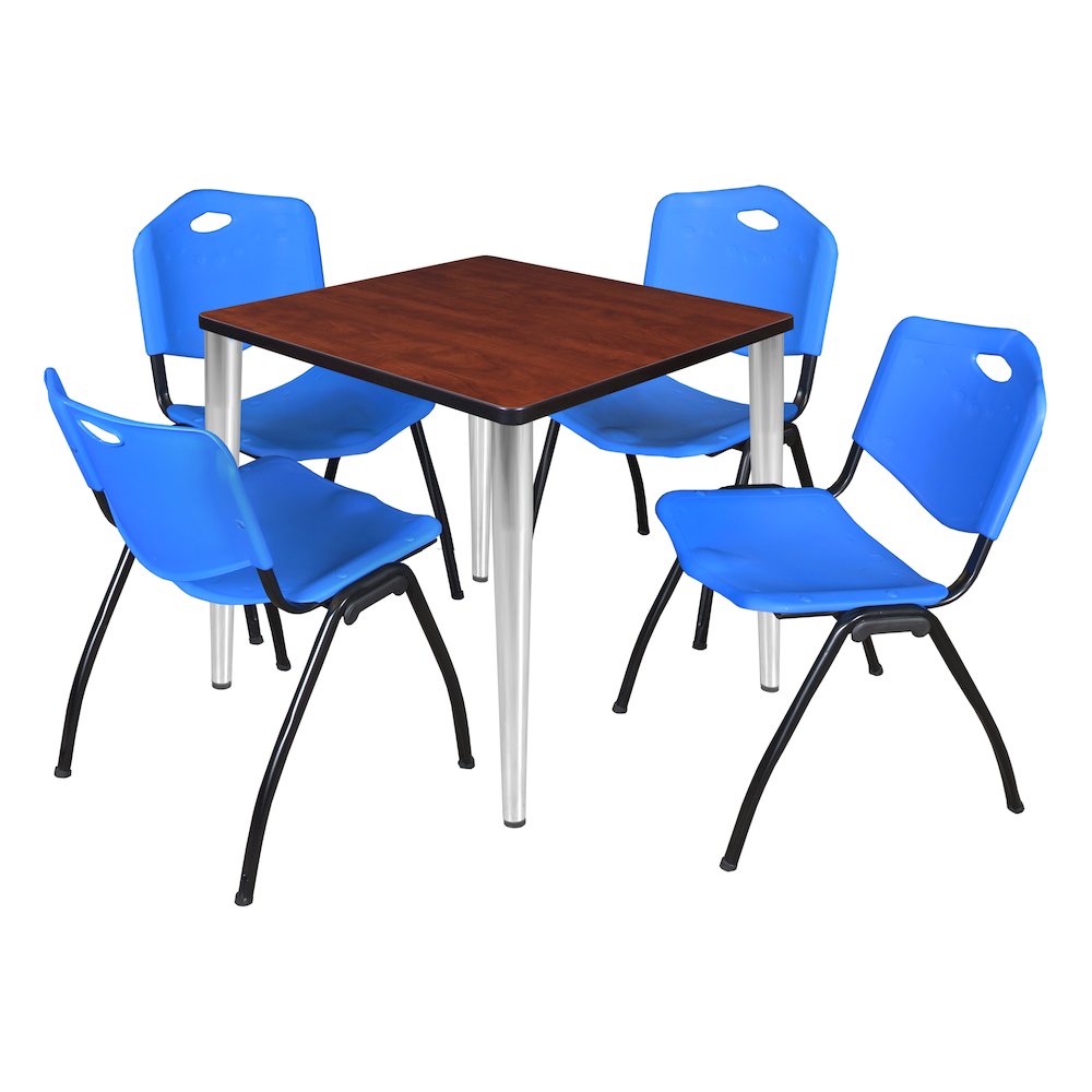 30 in. Square Breakroom Table- Cherry Top, Chrome Base & 4 M Stack Chairs- Blue