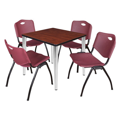 30 Square Breakroom Table- Cherry Top, Chrome Base & 4 M Stack Chairs- Burgundy