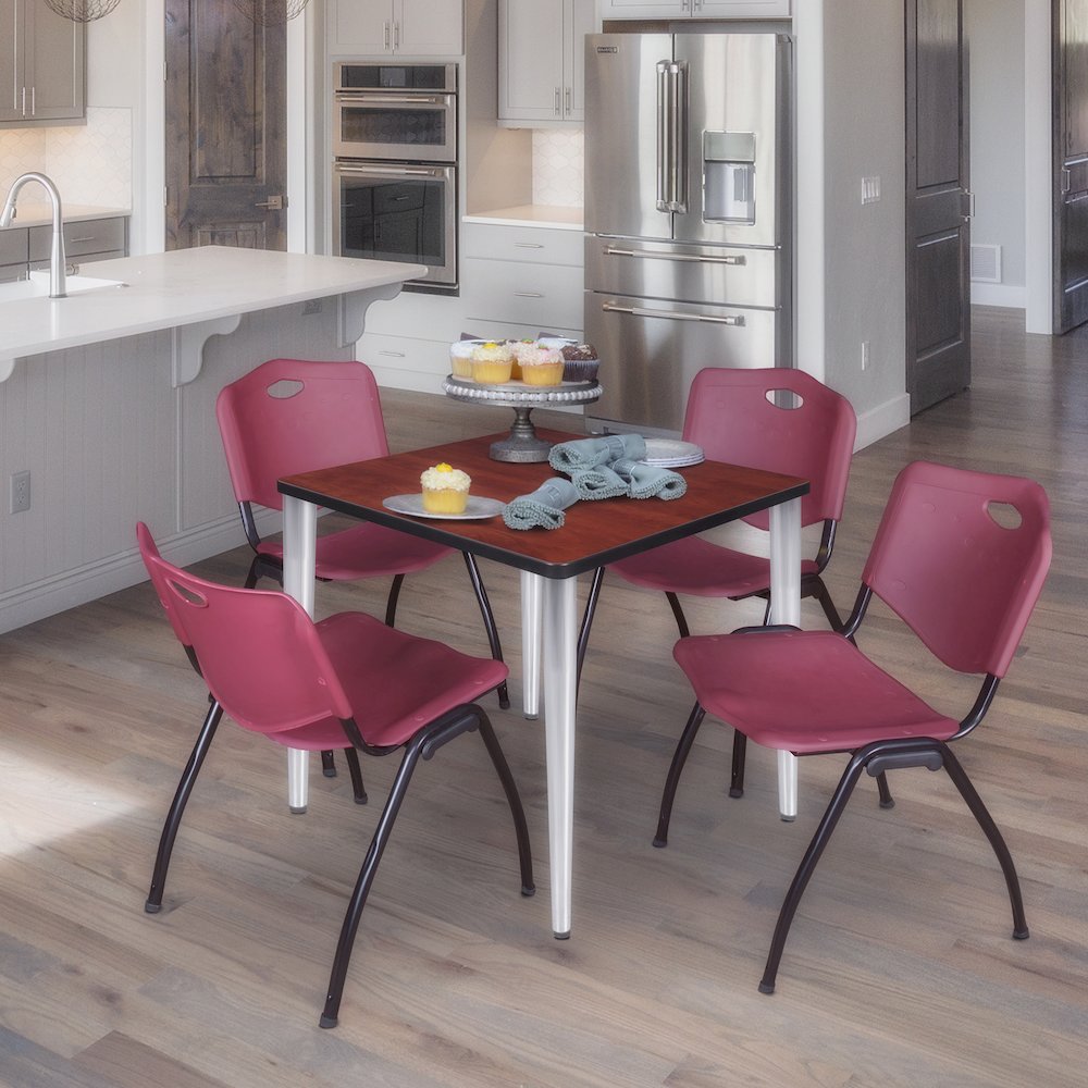 30 Square Breakroom Table- Cherry Top, Chrome Base & 4 M Stack Chairs- Burgundy
