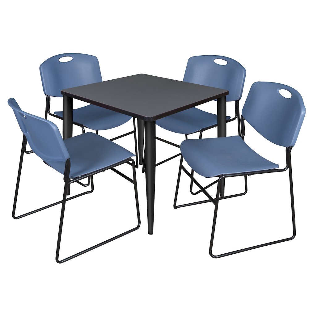 30 in. Square Breakroom Table- Grey Top, Black Base & 4 Zeng Stack Chairs- Blue