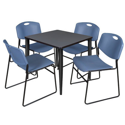 30 in. Square Breakroom Table- Grey Top, Black Base & 4 Zeng Stack Chairs- Blue