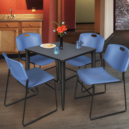 30 in. Square Breakroom Table- Grey Top, Black Base & 4 Zeng Stack Chairs- Blue