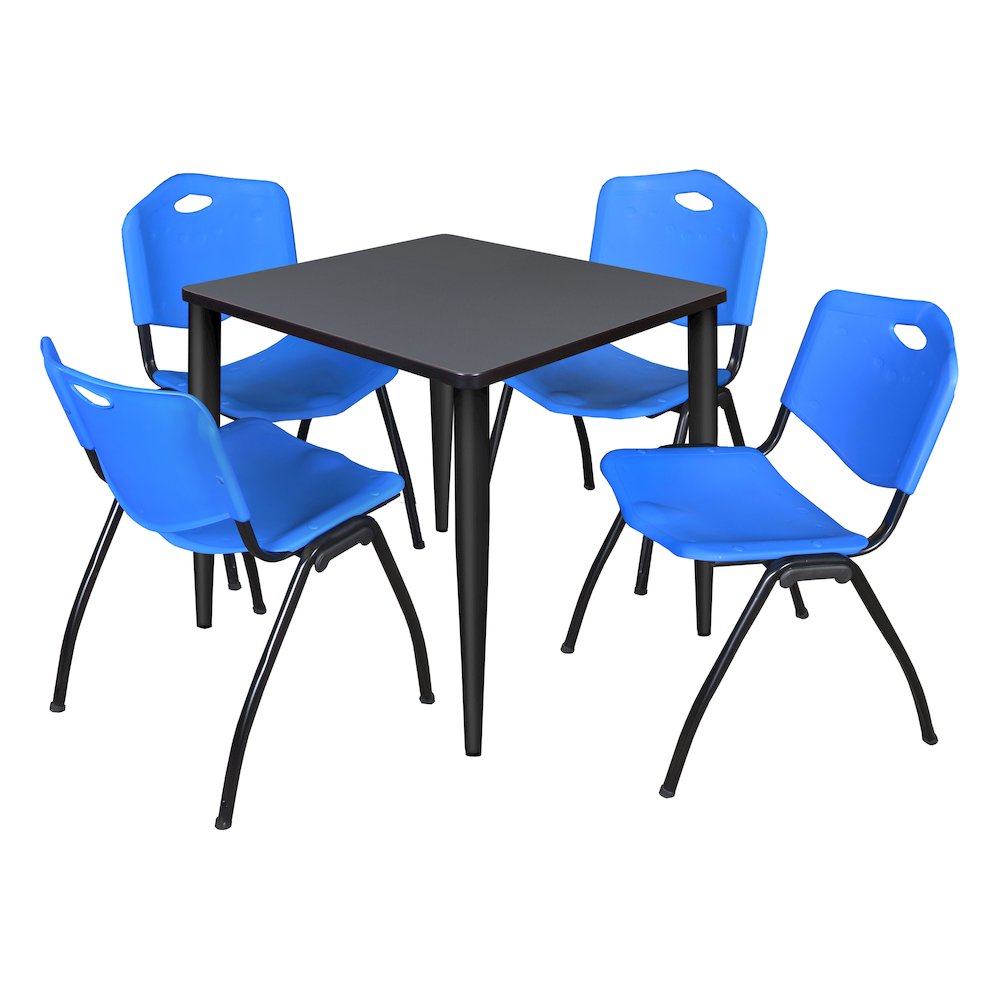 30 in. Square Breakroom Table- Grey Top, Black Base & 4 M Stack Chairs- Blue