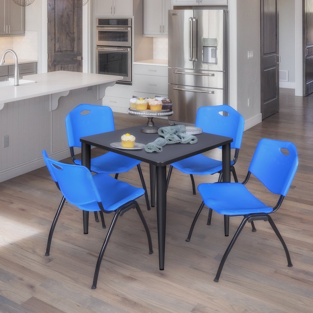30 in. Square Breakroom Table- Grey Top, Black Base & 4 M Stack Chairs- Blue