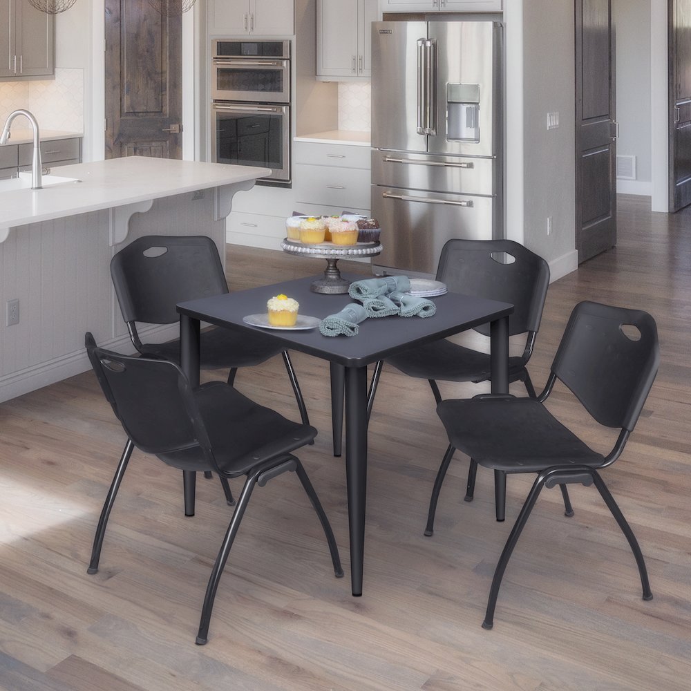 30 in. Square Breakroom Table- Grey Top, Black Base & 4 M Stack Chairs- Black