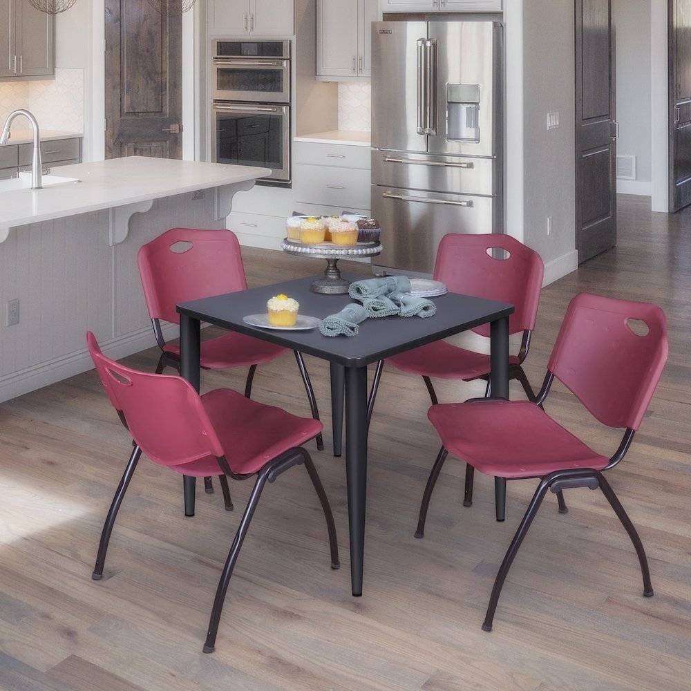 30 in. Square Breakroom Table- Grey Top, Black Base & 4 M Stack Chairs- Burgundy