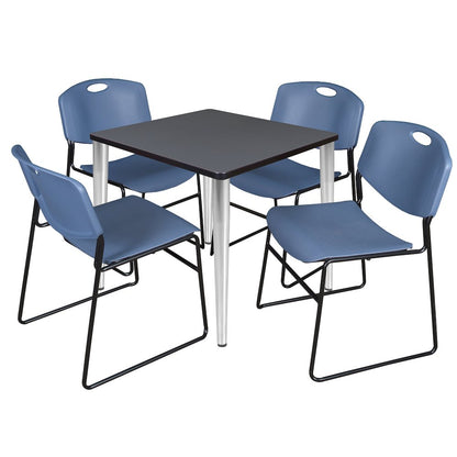 30 in. Square Breakroom Table- Grey Top, Chrome Base & 4 Zeng Stack Chairs- Blue