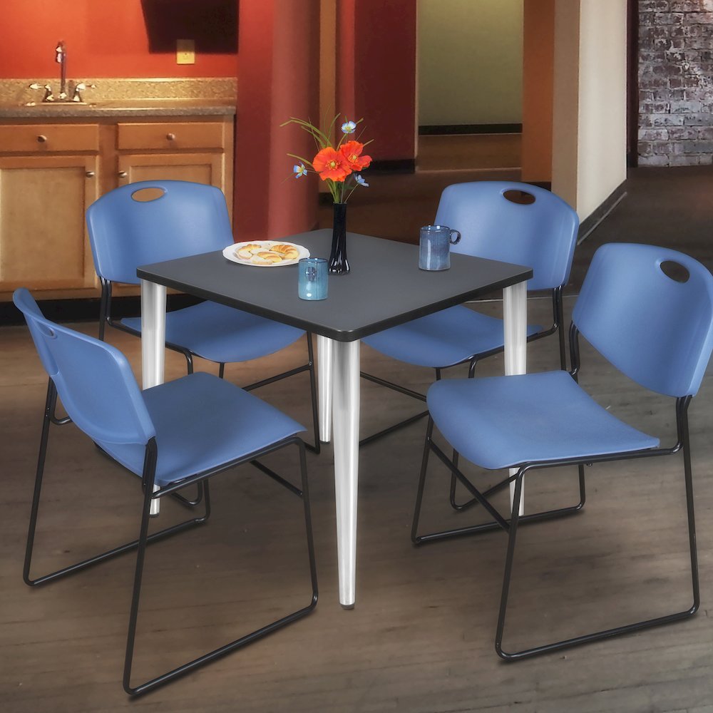 30 in. Square Breakroom Table- Grey Top, Chrome Base & 4 Zeng Stack Chairs- Blue