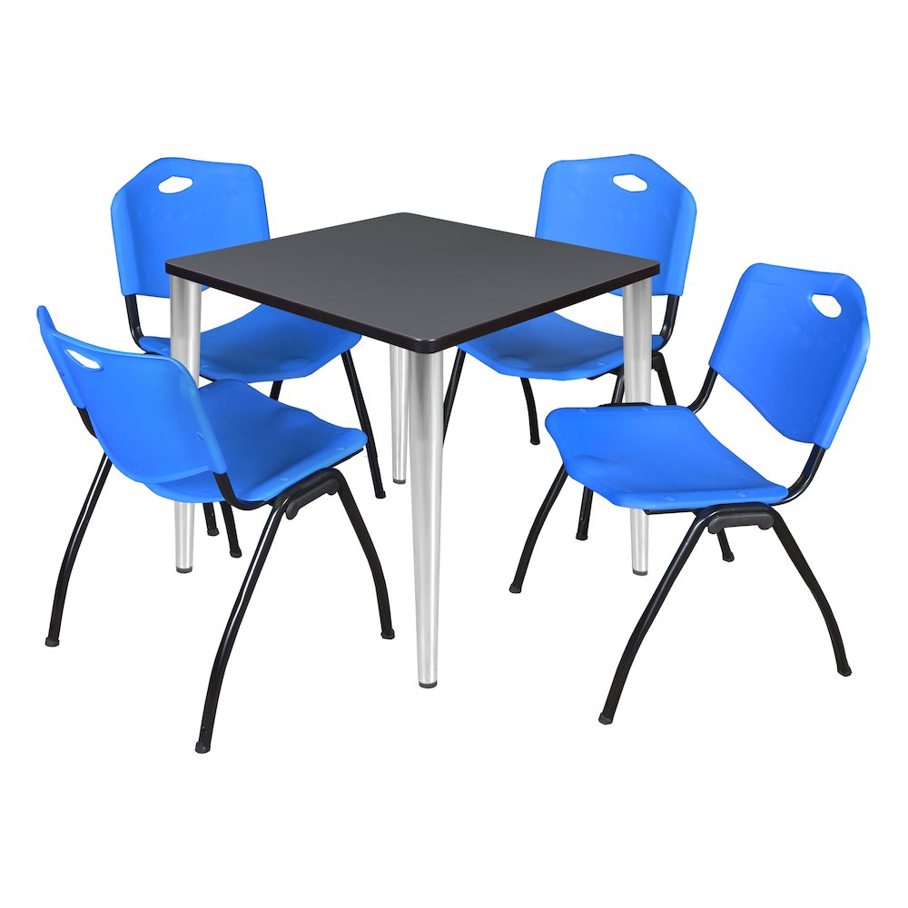 30 in. Square Breakroom Table- Grey Top, Chrome Base & 4 M Stack Chairs- Blue