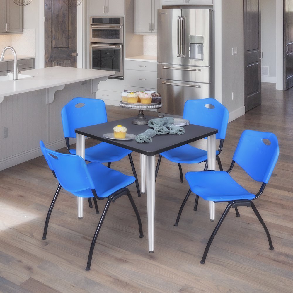 30 in. Square Breakroom Table- Grey Top, Chrome Base & 4 M Stack Chairs- Blue