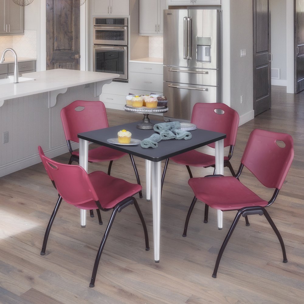 30 Square Breakroom Table- Grey Top, Chrome Base & 4 M Stack Chairs- Burgundy
